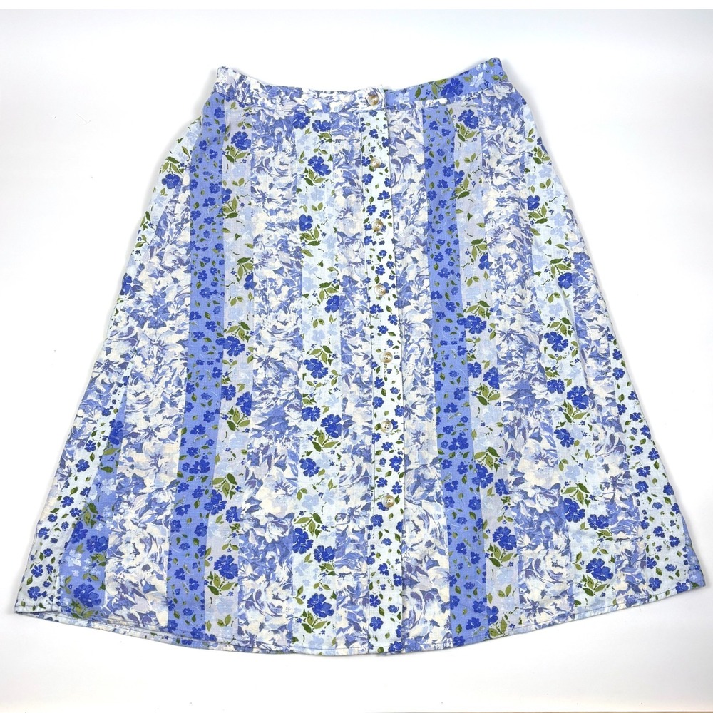 Lauren Conrad Floral Midi Skirt Womens Sz L Blue White Patchwork Button Front